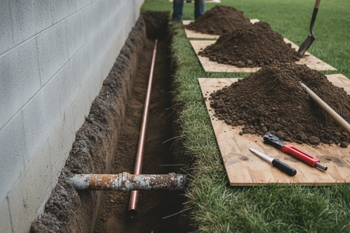 Excavated water line trench during Water Softener Installation in Kingsville